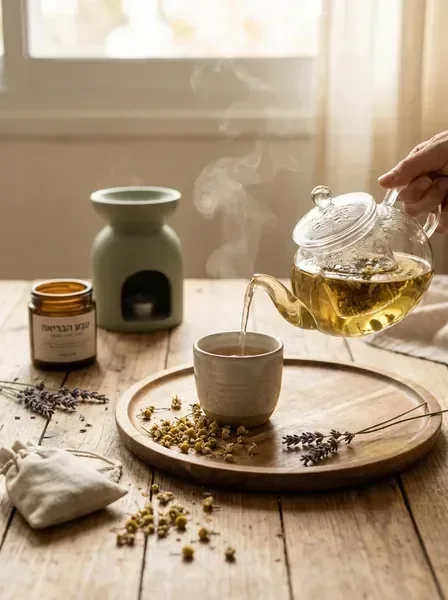 סצנת בריאות טבעית — תה צמחים ועשבי מרפא בסביבה שקטה ומרפאה